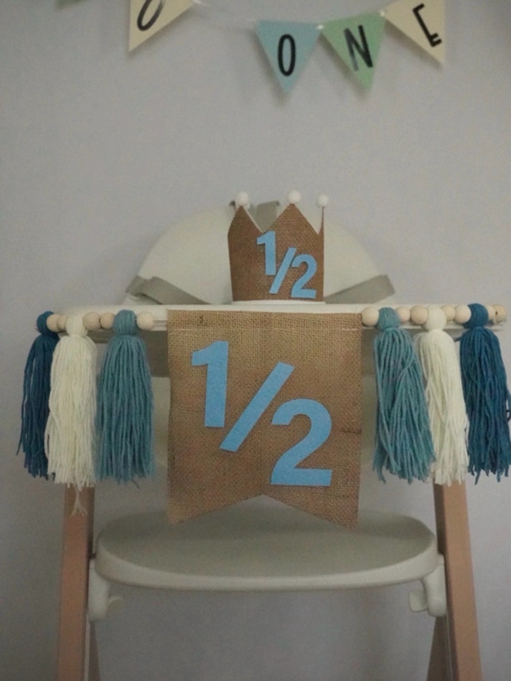 Half Birthday High Chair Banner & Tassel Garland - Blue and Cream